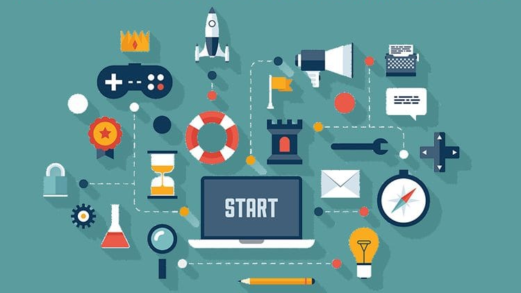 Illustration showing the future scope of digital marketing, featuring icons like a laptop with START, a rocket, game controller, megaphone, compass, email, light bulb, hourglass, marketing technology insights and tools, all connected by dotted lines on a teal background