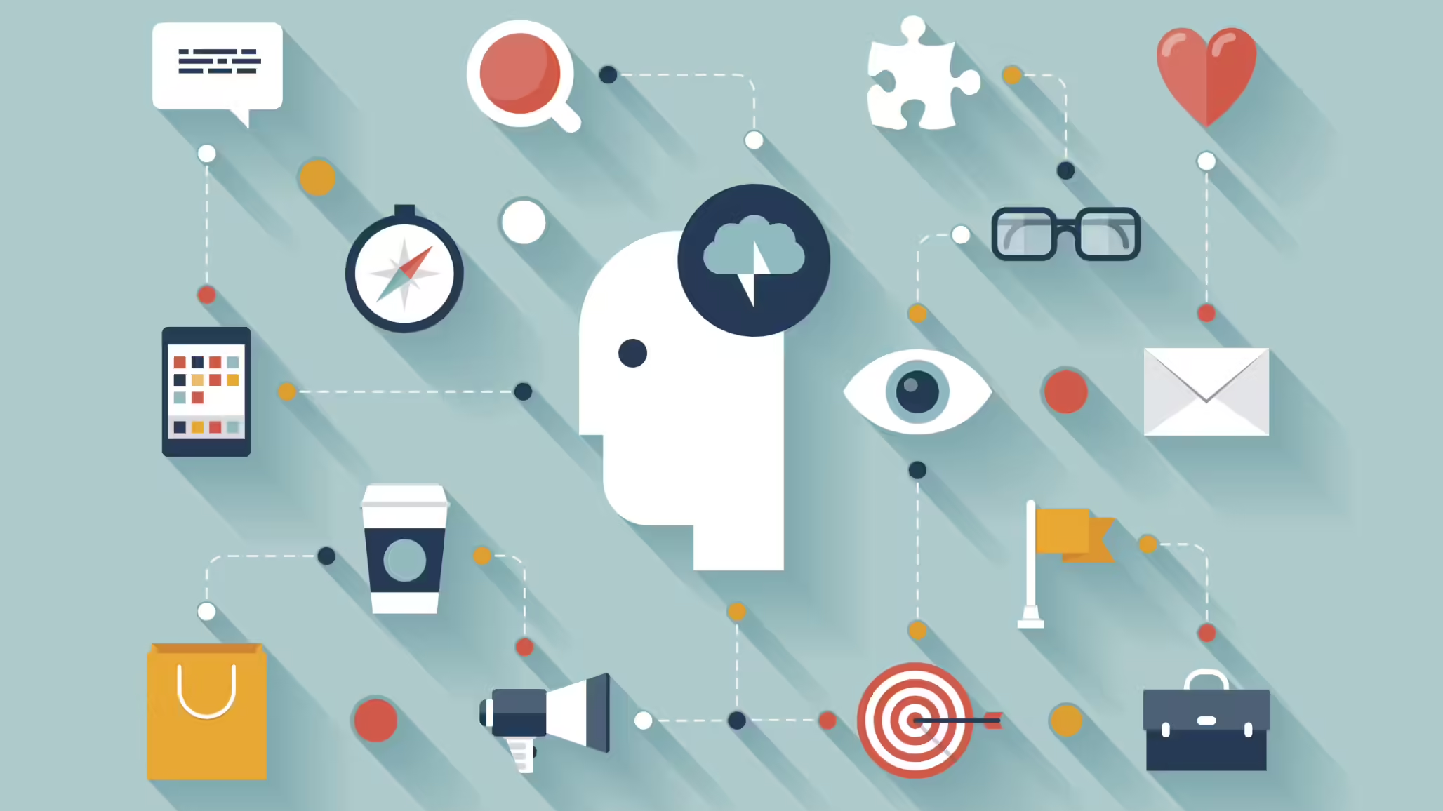 Flat design illustration showing a human head surrounded by various digital marketing and business icons, including a compass, magnifying glass, puzzle piece, heart, eye, envelope, glasses, shopping bag, coffee cup, megaphone, target, and briefcase, connected with dotted lines to represent marketing strategy, workflow, and cognitive processes.