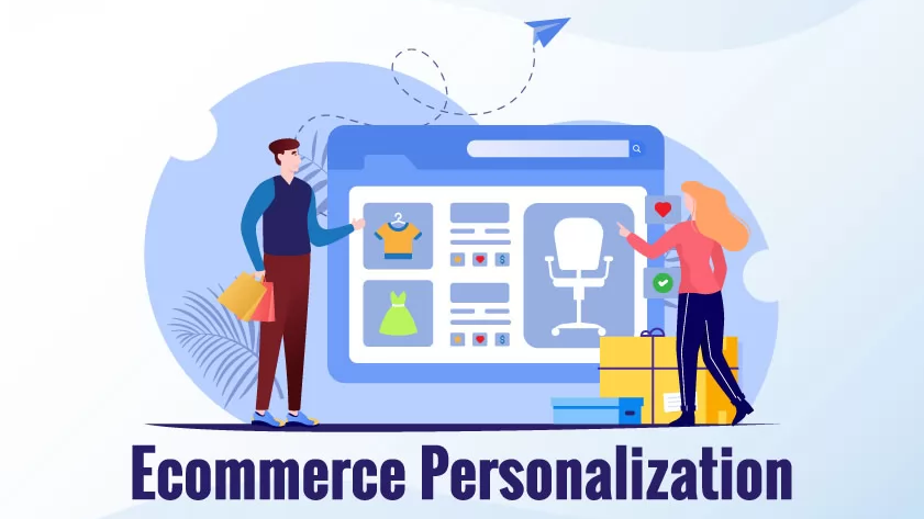 Illustration of ecommerce personalization showing two shoppers interacting with a digital shopping interface displaying product recommendations, wishlist icons, and personalized items on an online store dashboard.