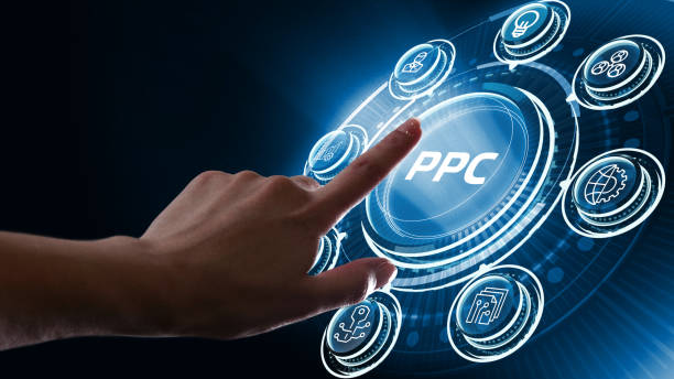 Hand interacting with a digital interface highlighting PPC advertising, representing pay-per-click digital marketing campaigns, online ads, and performance-based marketing strategy.