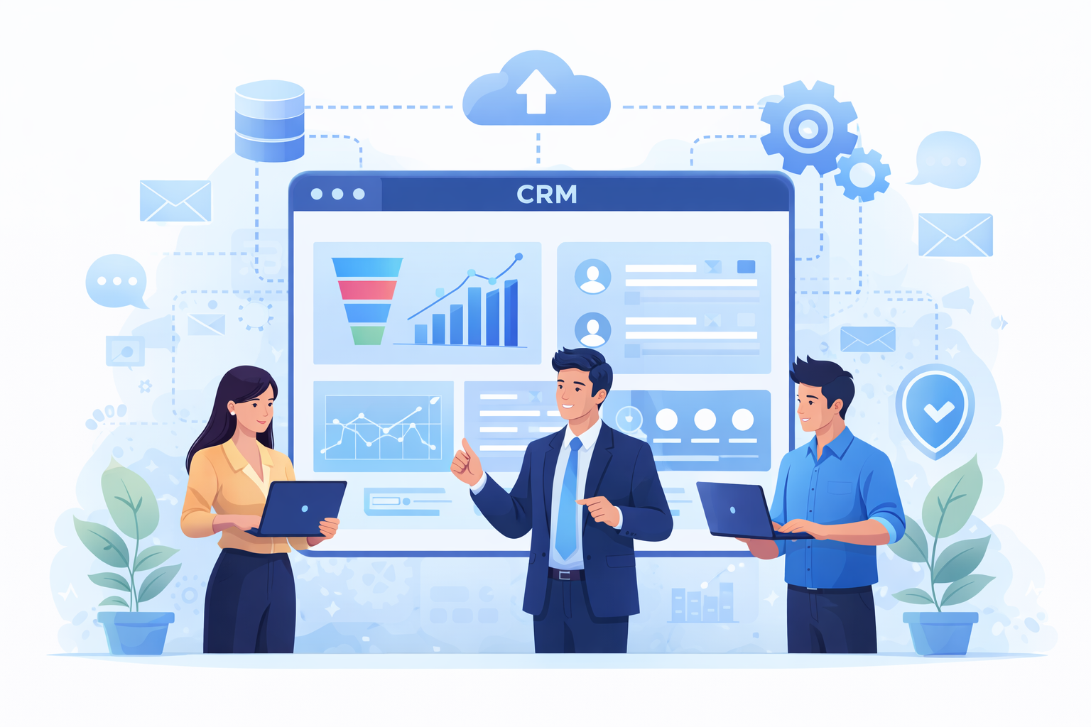 Business professionals using laptops with a CRM dashboard showing sales funnel, analytics charts, and customer data, representing integration with CRM systems and marketing automation.