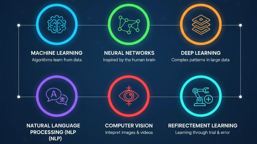 Infographic showing core AI concepts every beginner should know, including Machine Learning, Neural Networks, Deep Learning, Natural Language Processing (NLP), Computer Vision, and Reinforcement Learning, with colorful icons and brief descriptions for each concept.