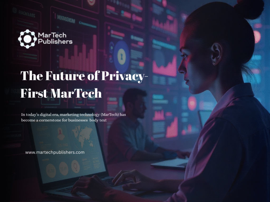 Illustration of privacy-first MarTech with data protection shield, lock, and digital marketing icons