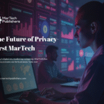 Illustration of privacy-first MarTech with data protection shield, lock, and digital marketing icons